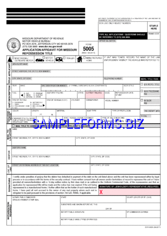 Missouri Affidavit/Application For Missouri Repossession Title pdf free